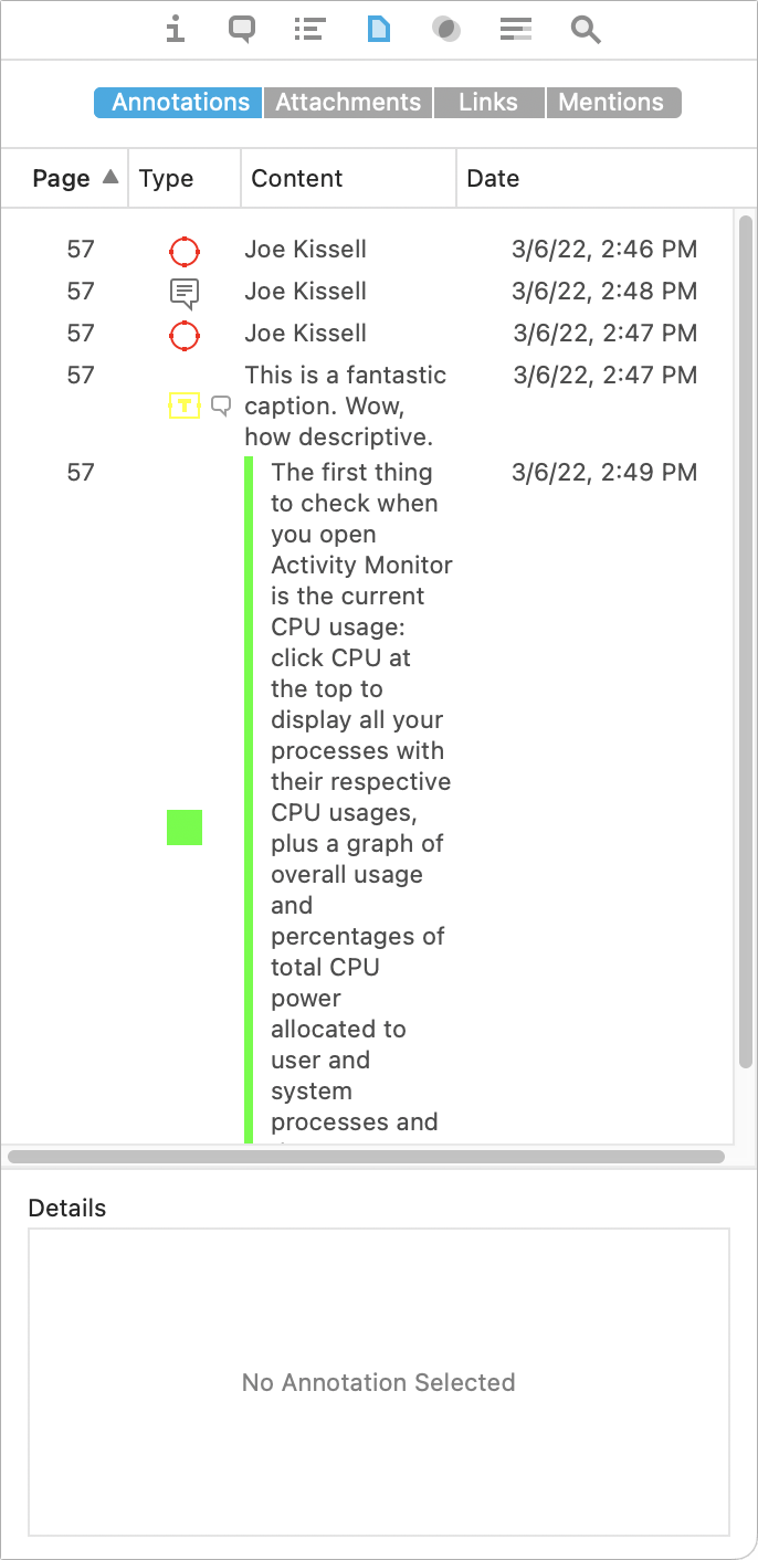 Figure 25: The Document inspector shows PDF annotations (and rich-text highlights), attachments, links, and mentions.