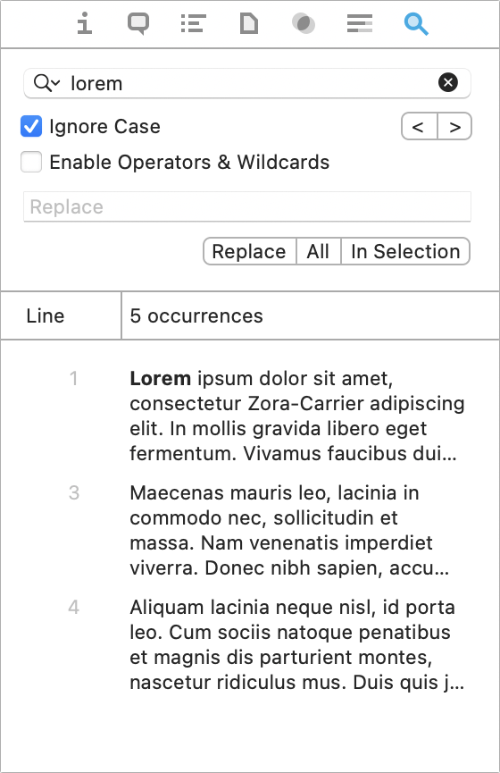 Figure 28: The Search inspector lets you do simple searches and replacements within the selected document.