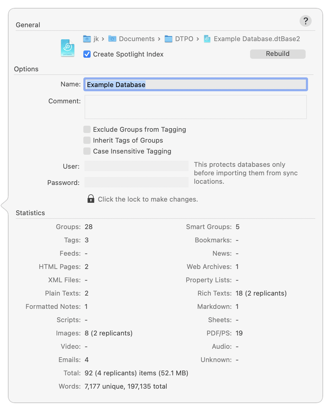 Figure 30: Set database properties in this popover.