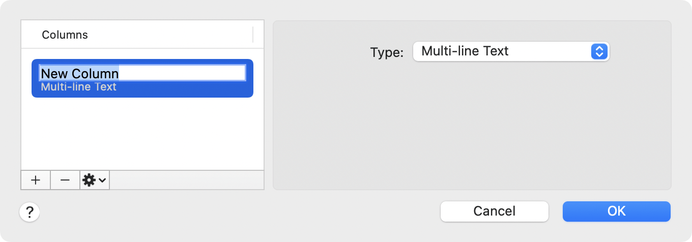 Figure 32: Add columns to a new sheet in this dialog.