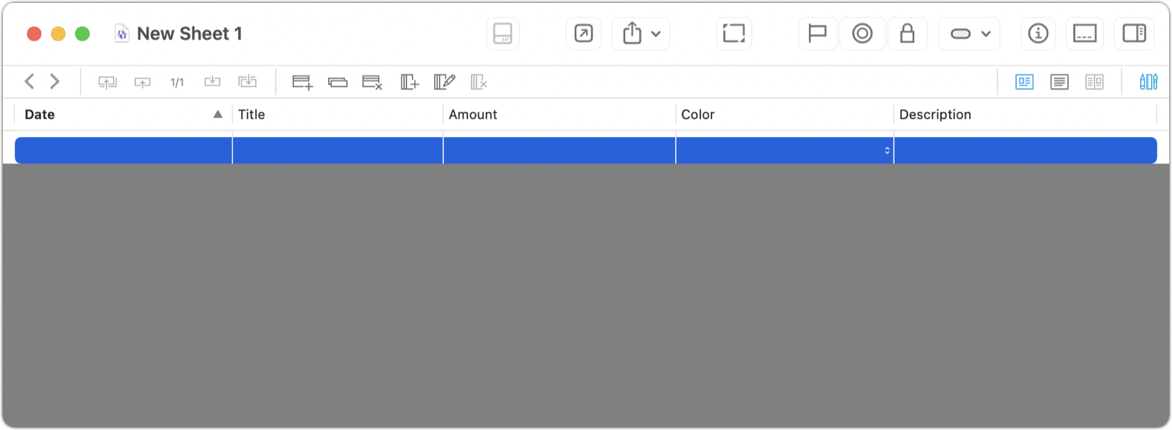 Figure 33: A new sheet with just one blank record added.