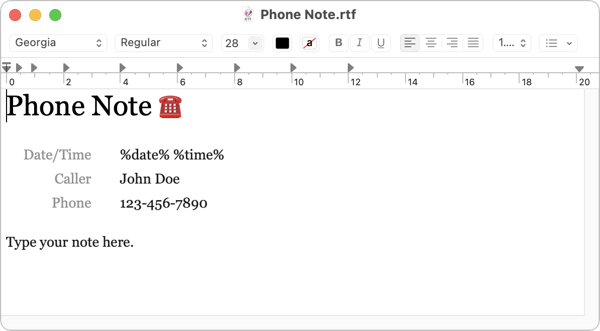 Figure 36: The template from the previous figure, open for editing as an RTF document in TextEdit. Notice the %date% and %time% placeholders.