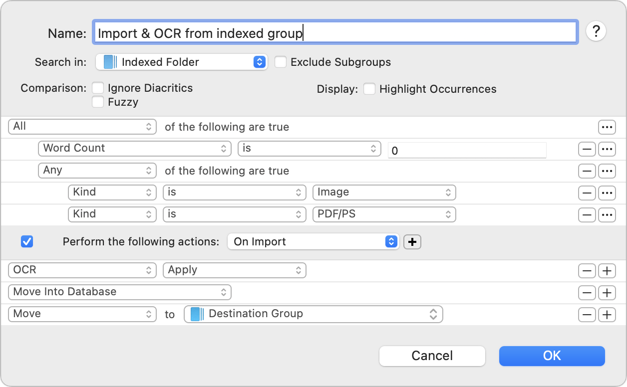 Figure 37: This smart rule runs OCR on anything you drag into the indexed folder, then moves that item into your database.