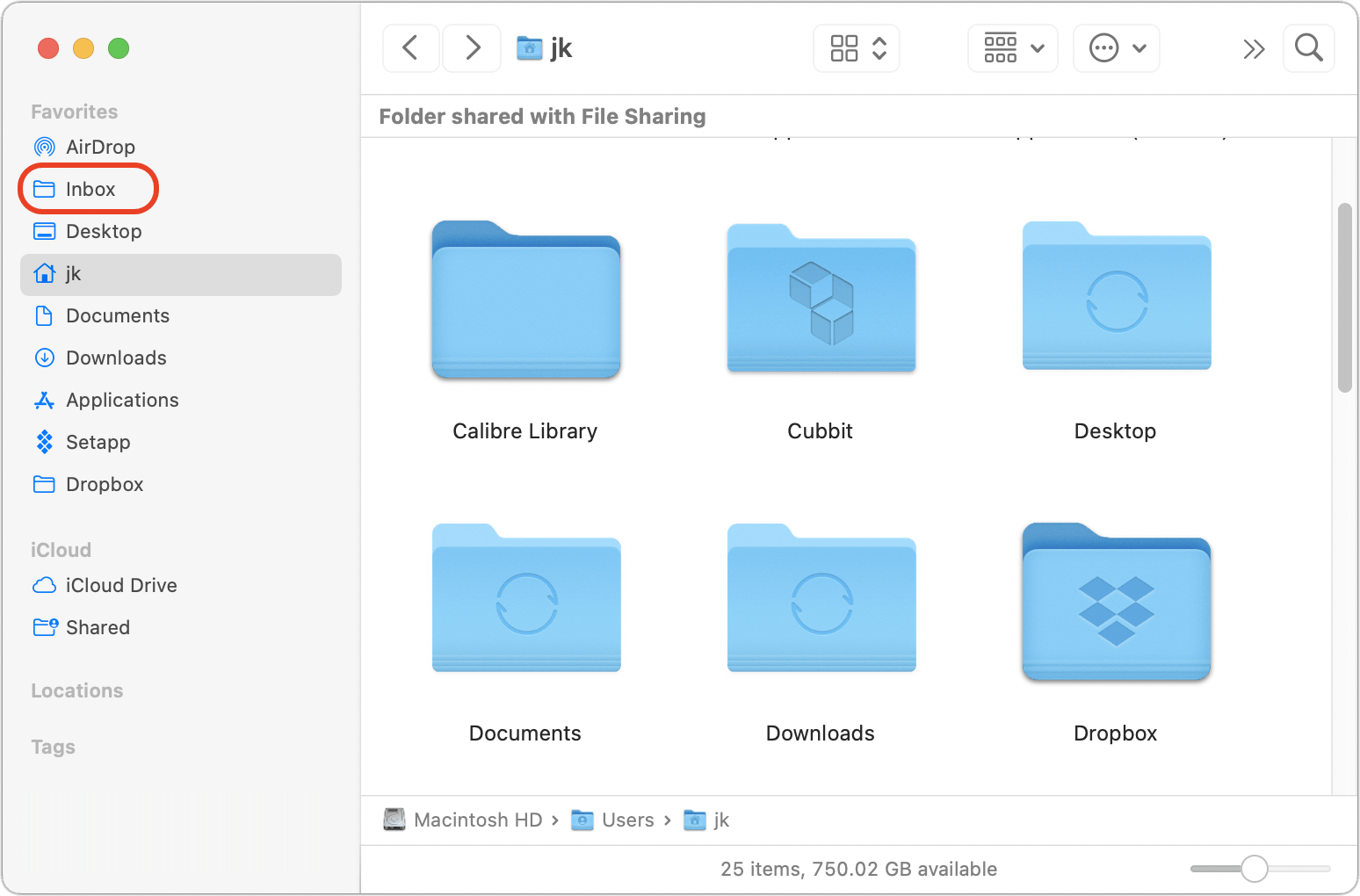 Figure 38: Your system-wide global Inbox (shown here circled in red) appears in the sidebar in your Finder windows.