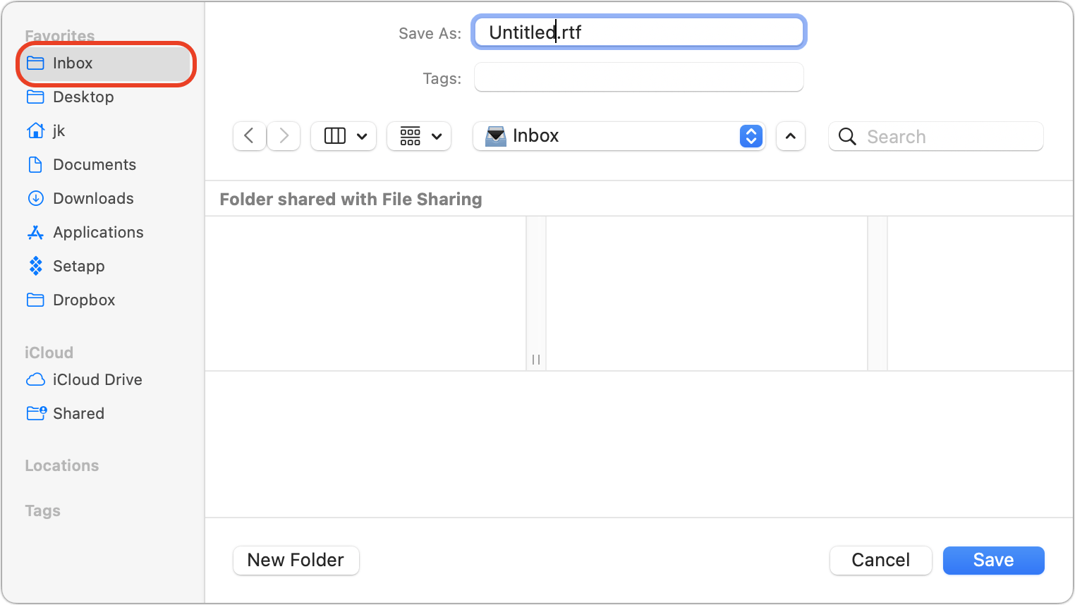 Figure 39: The system-wide global Inbox (shown here circled in red) appears in the sidebar of Save dialogs.