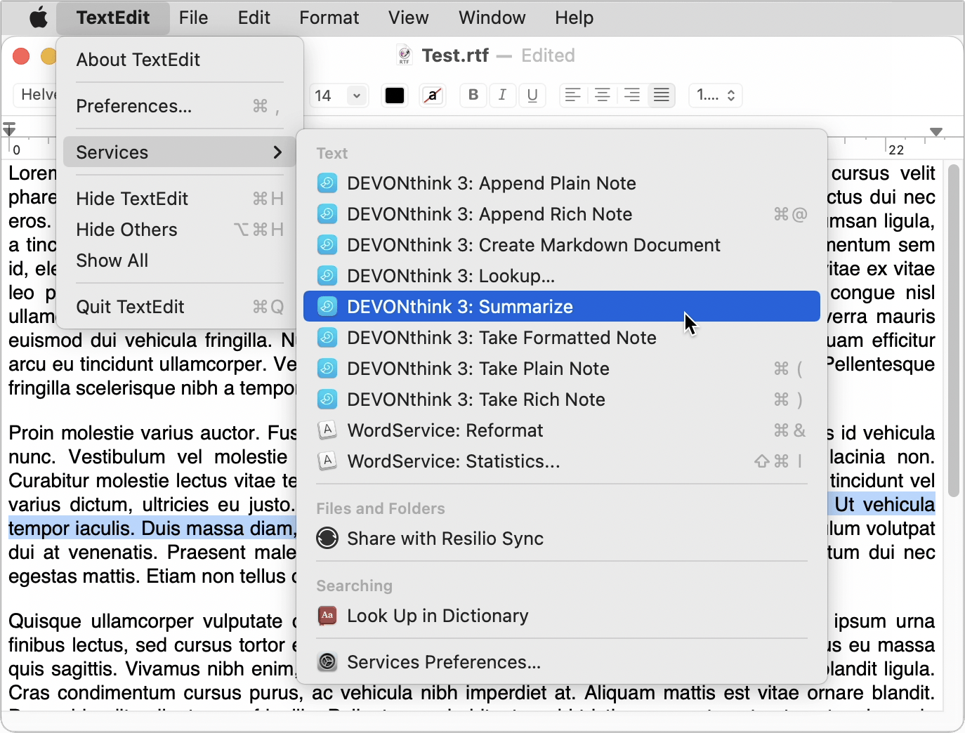 Figure 40: DEVONthink adds a bunch of commands to the system-wide Services menu. Those that apply to selected text appear here.