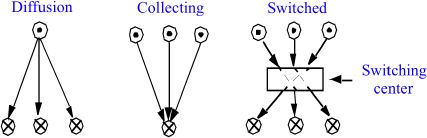 Schematic reaction of type of networks: diffusion, collecting and switched.