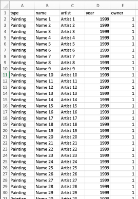 Snapshot of art shop inventory dummy-data of 150 lines.