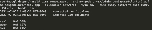 Snapshot of the process of adding 150 lines of dummy-data with the No S Q L system and the time elapsed.