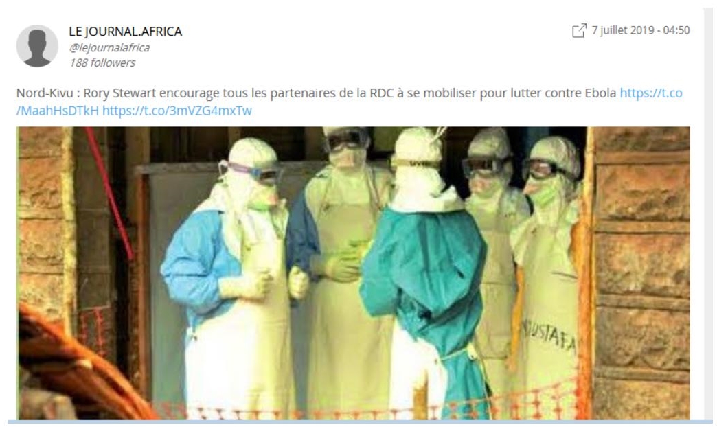 Snapshot of tweet from the media relaying a preventive message to mobilize to fight the Ebola epidemic.