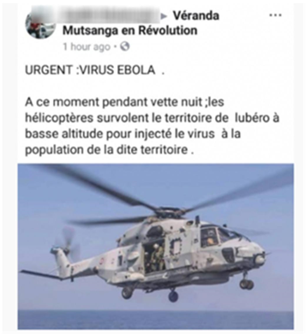 Snapshot of tweet from a Congolese man spreading a rumor that the disease was sprayed from helicopters.