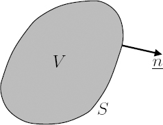 Schematic illustration of volume V delimited by the boundary S of outer unit normal n.