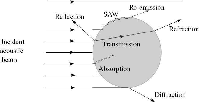 Schematic illustration of interaction of an elastic wave with a scatterer.
