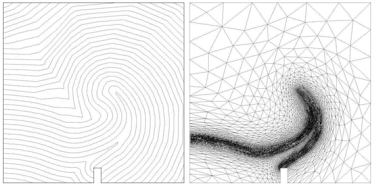 Schematic illustration of adaptation to the interface, that is, to the 0 value of a level set function phi, with the metric given by relation.