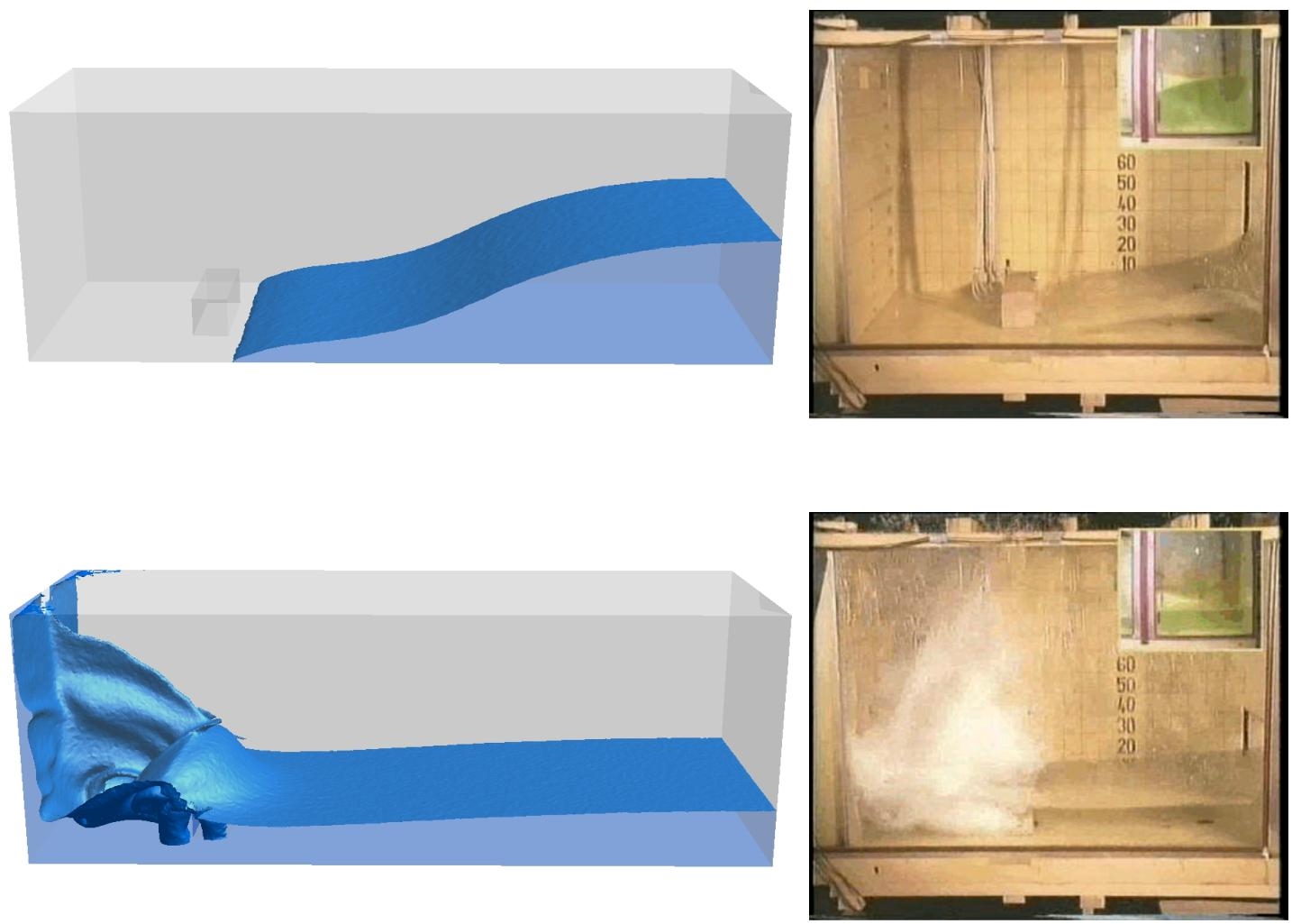 Schematic illustration of 3D falling water column on a obstacle. It depicts the comparison between the interface obtained in the simulation (left) and the pictures from the MARIN experiment (right).