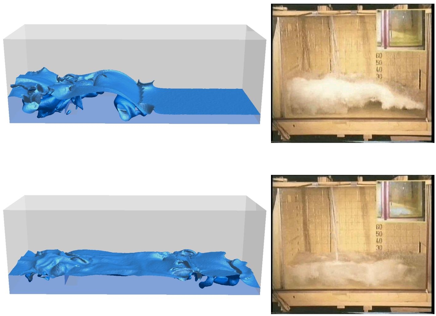 Schematic illustration of 3D falling water column on a obstacle. It depicts the comparison between the interface obtained in the simulation (left) and the pictures from the MARIN experiment (right).