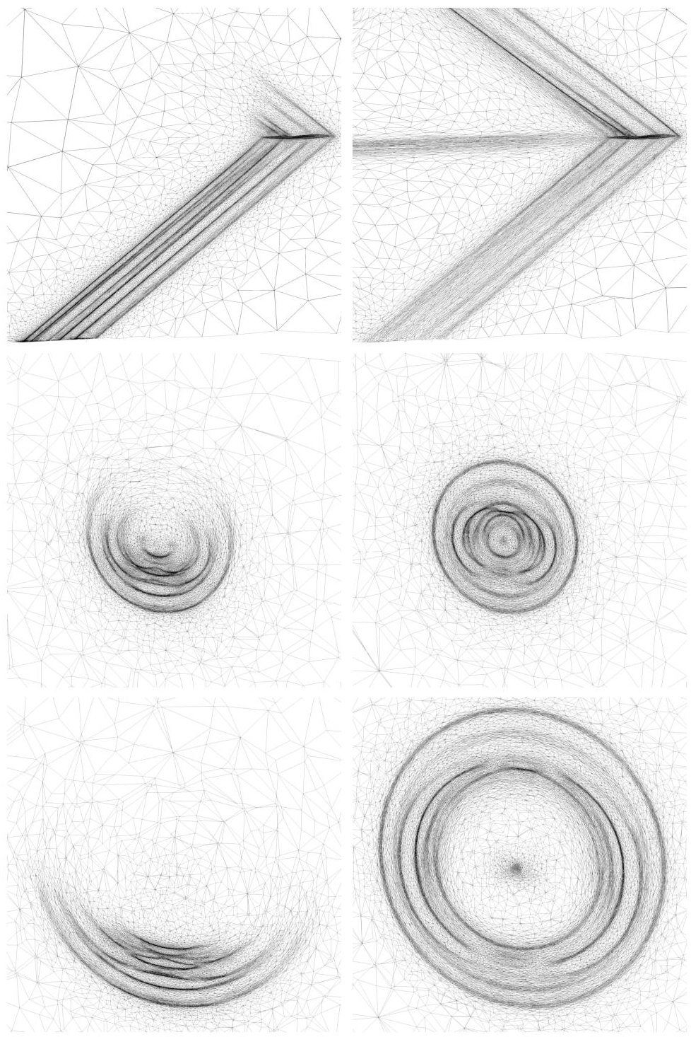 Schematic illustration of cut planes through the final adapted meshes for the adjoint-based (left) and Hessian-based (right) methods.