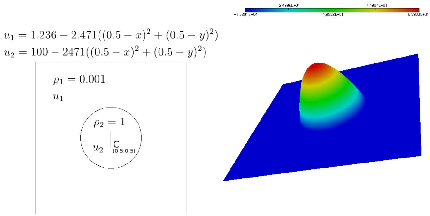 Schematic illustration of poisson problem with discontinuous coefficient: sketch of exact solution definition and a typical computation of it.