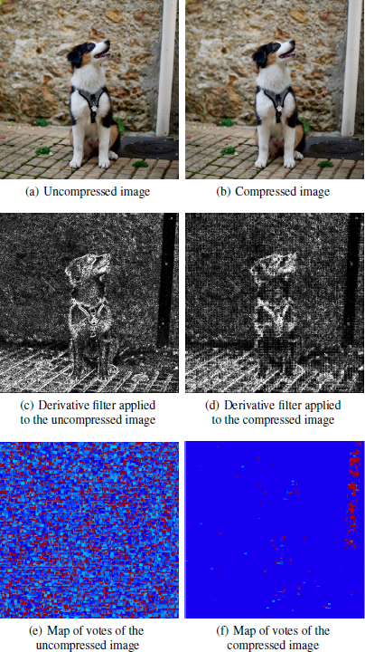 Photographs of the derivative filter and vote map applied to the same image without compression.
