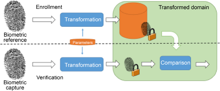 Schematic illustration of operation of a cancelable biometric system based on a transformation.