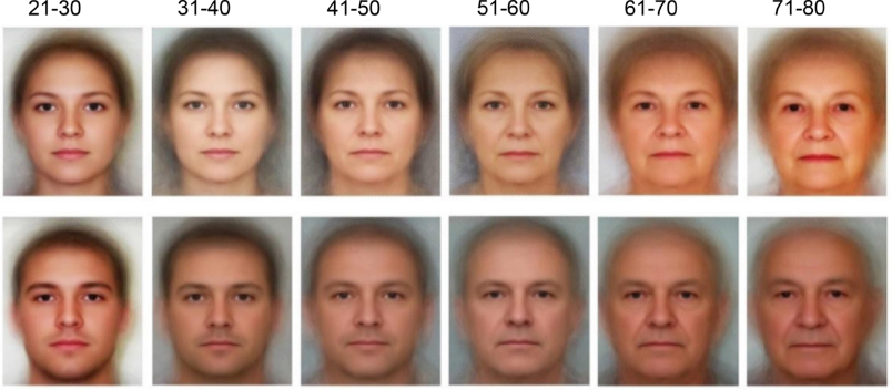 Photographs of 2D digital aging and rejuvenation of an adult face.