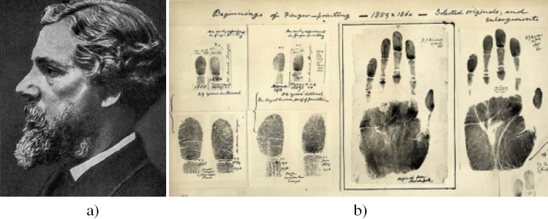 Photographs of a) William James Herschel, and b) example of palm and finger prints.