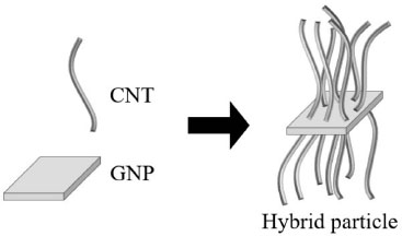 Schematic illustration of a hybrid particle consisting of CNTs grown on a GNP.