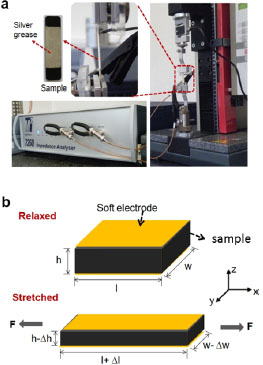 Schematic illustration of setups for the measurement of permittivity variation during mechanical stretching.