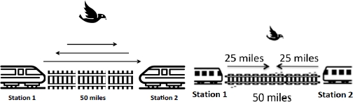 Schematic illustration of the two trains and bird problem.