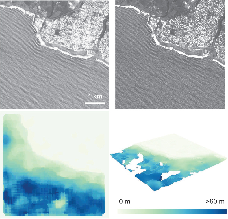 Schematic illustration of coastal bathymetry from quasi-synchronous SPOT-5 images and linear wave theory.