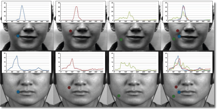 Graphs depict the analysis of motion propagation around the corner of the lips, in the presence of a macro (first line – CK+) and a micro (second line – CASME II) expression (smile).
