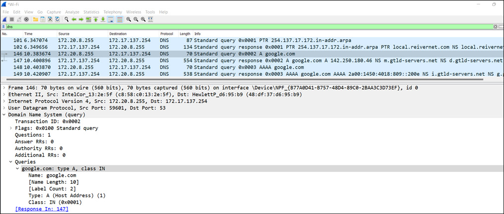 Figure 13.2 – The DNS protocol in Wireshark
