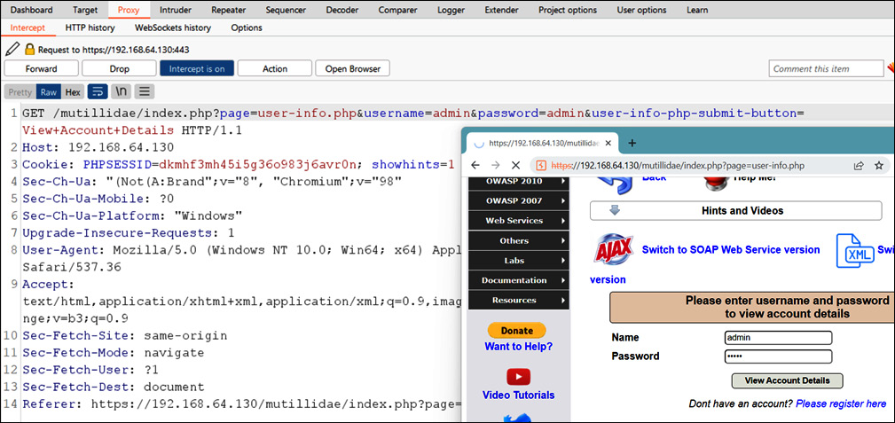 Figure 14.11 – The Burp Suite proxy intercepting 
