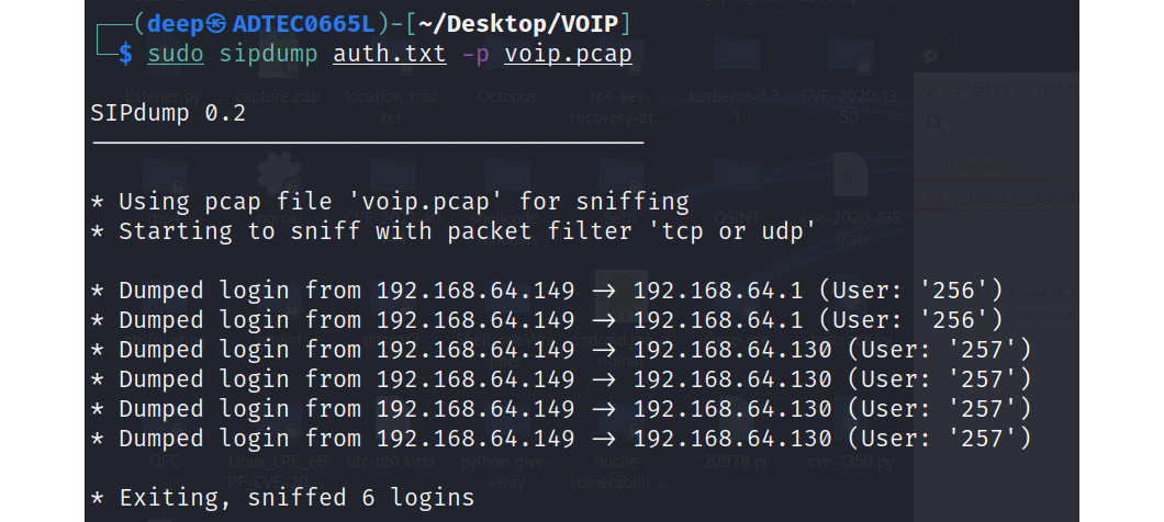 Figure 16.29 – Successfully dumped SIP authentications
