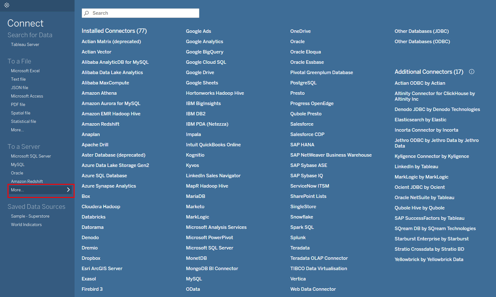 Figure 1.8: A screenshot showing the extensive list of data sources 
that Tableau Desktop can connect to
