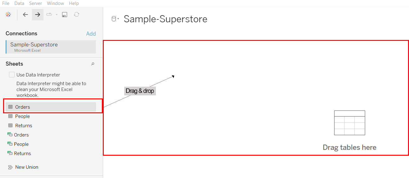 Figure 1.15: A screenshot showing how to read data from the Orders worksheet 
of Sample - Superstore.xls
