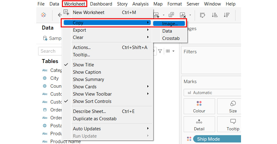 Figure 1.28: A screenshot showing the Worksheet > Copy > Image option 
from the toolbar menu 
