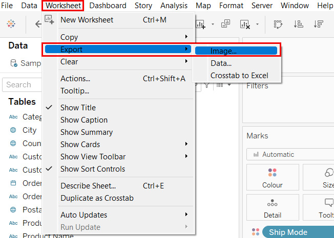 Figure 1.29: A screenshot showing the Worksheet > Export > Image option 
from the toolbar menu 
