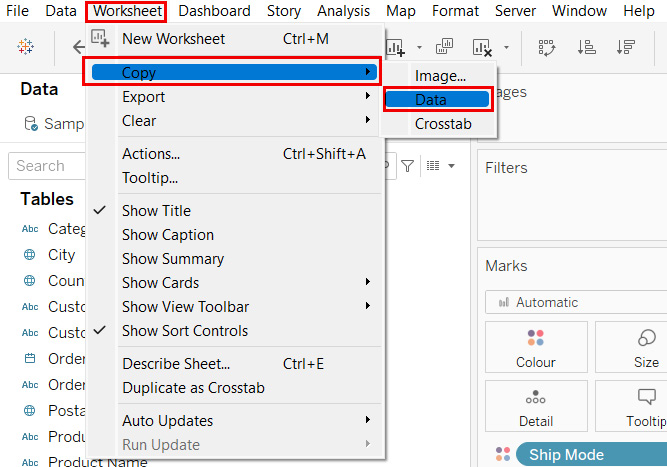 Figure 1.31: A screenshot showing the Worksheet > Copy > Data option
