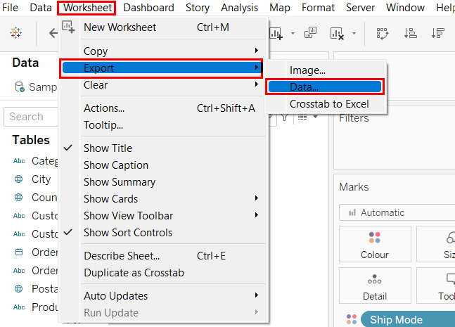 Figure 1.32: A screenshot showing the Worksheet > Export > Data option

