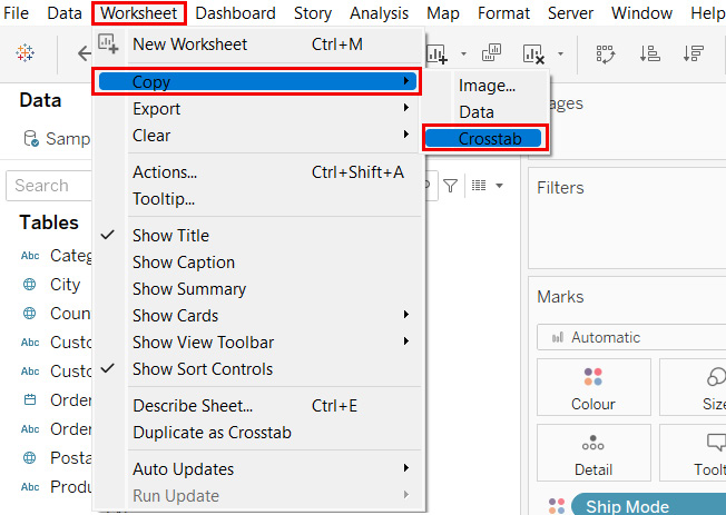Figure 1.33: A screenshot showing the Worksheet > Copy > Crosstab option 
