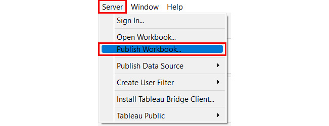 Figure 1.42: A screenshot showing the Server > Publish Workbook option
