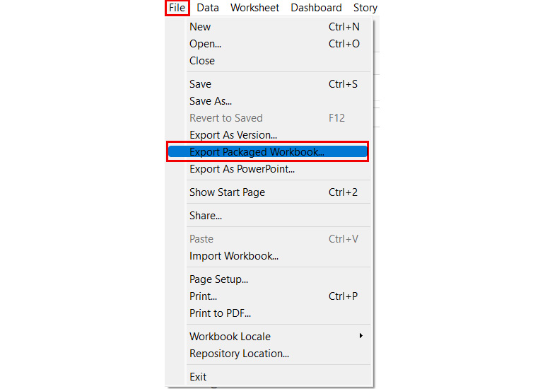 Figure 1.44: A screenshot showing the File > Export Packaged Workbook option
