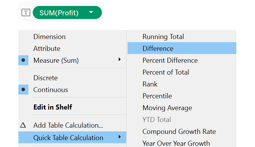 Figure 8.10: Accessing quick table calculation difference
