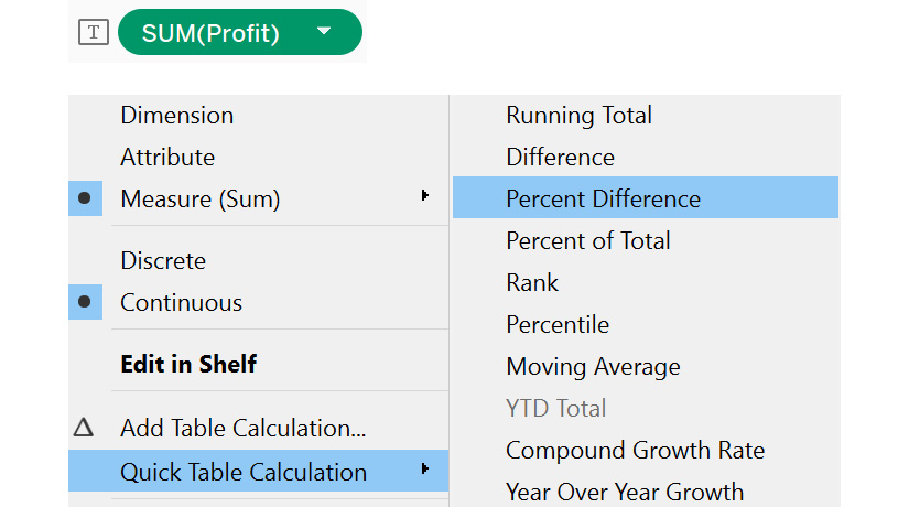 Figure 8.16: Accessing quick table calculation | percent difference

