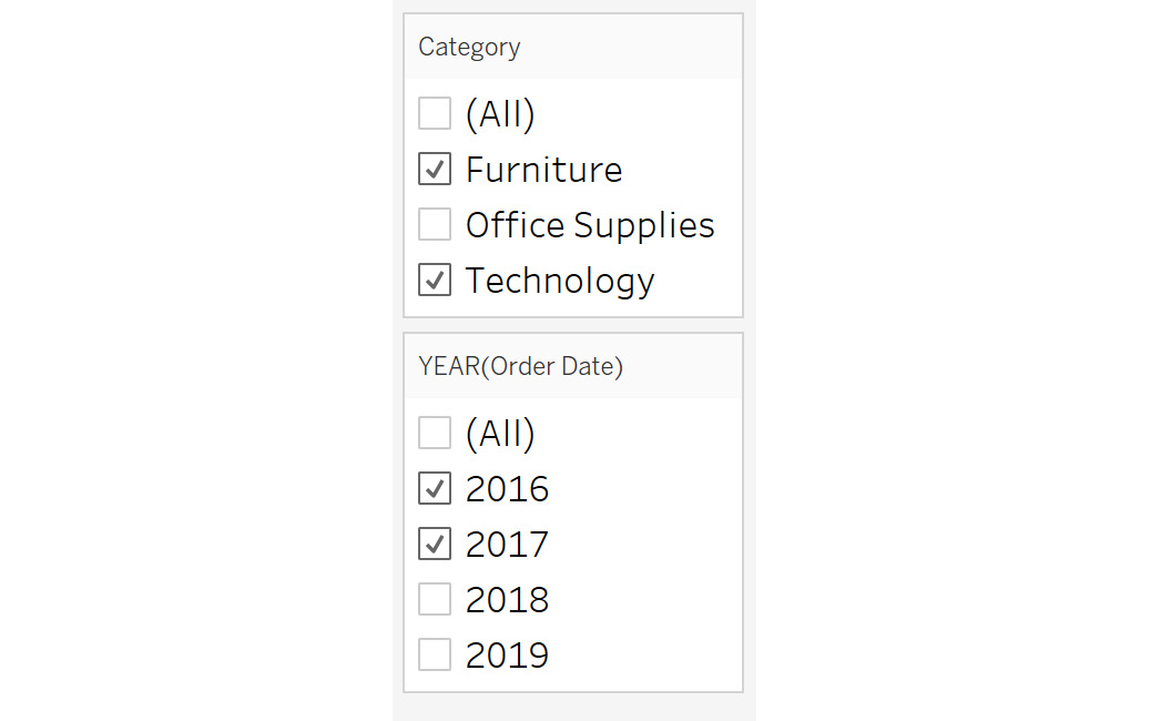 Figure 8.55: Adding category and YEAR filters
