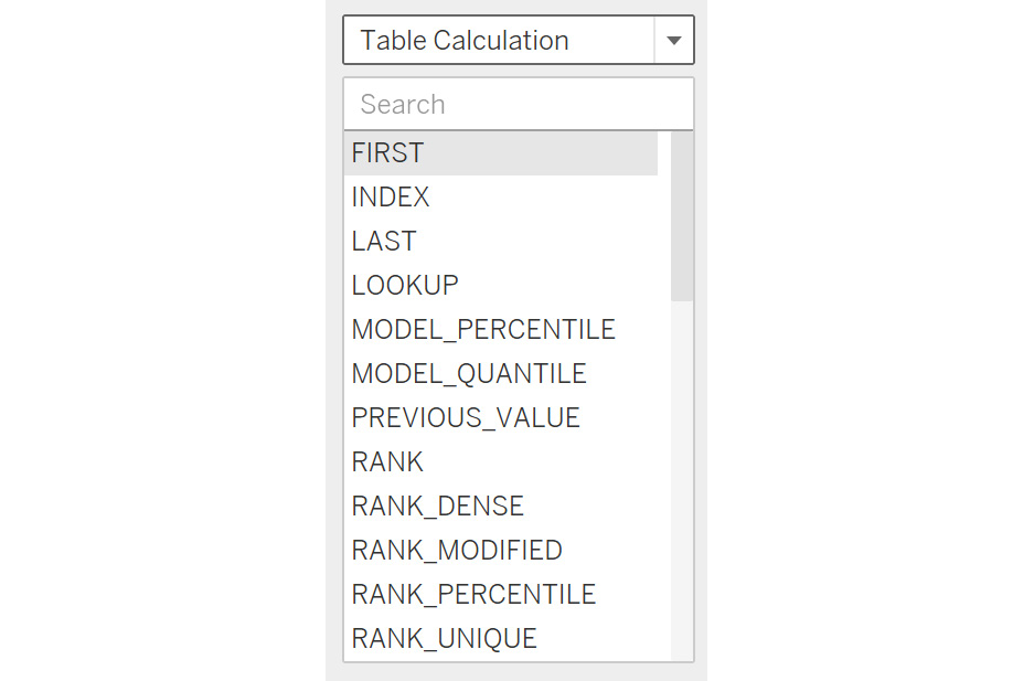 Figure 8.66: Various table calculation functions
