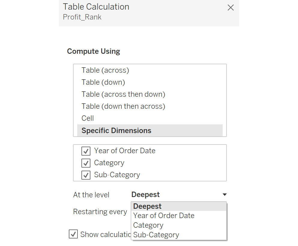 Figure 8.72: Various options under the At the level dropdown
