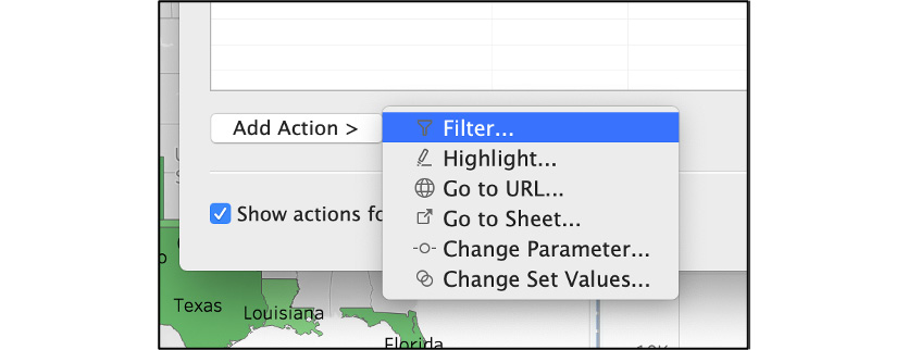 Figure 10.58: Selecting a filter action for the dashboard
