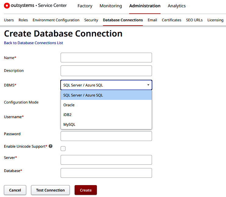 Figure 14.10 – Database Connection form screen in Service Center
